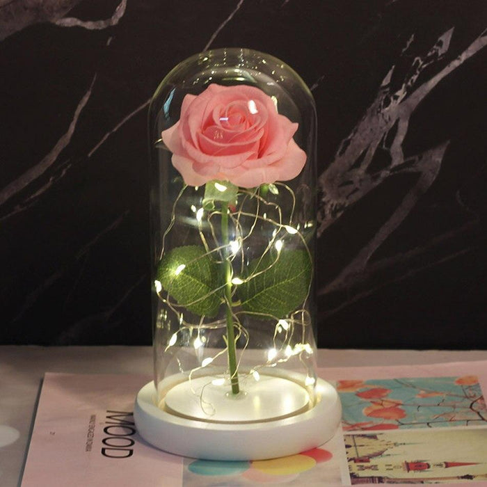 Enchanting Rose Glass Dome with Magical LED Lighting for Timeless Elegance