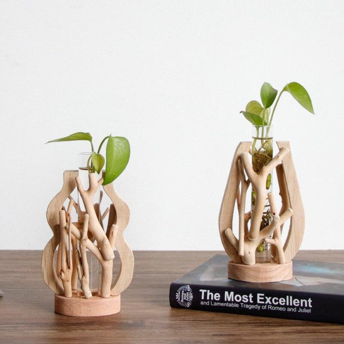 Handcrafted Rustic Wooden Vase with Elegant Floral Accents - Nature-Inspired Decor