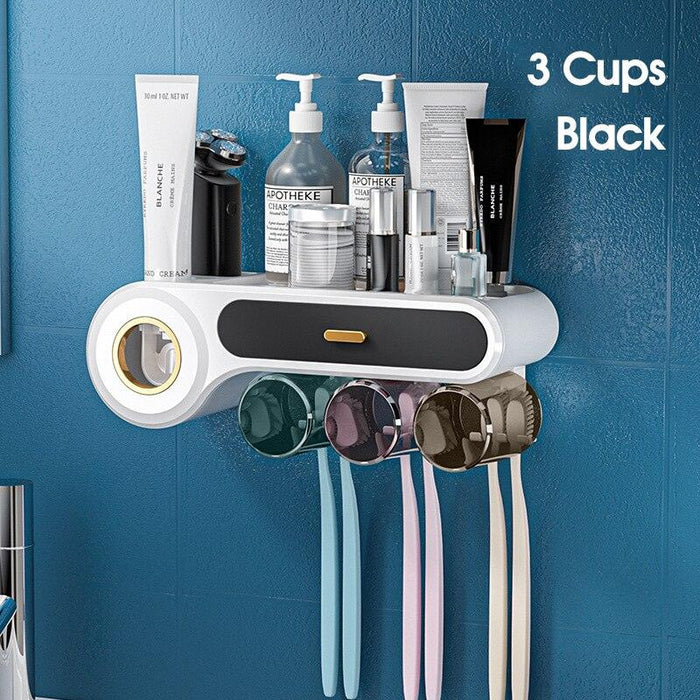 Automatic Toothpaste Squeezer Dispenser with Multi-Compartment Storage Shelf - Bathroom Organization Solution