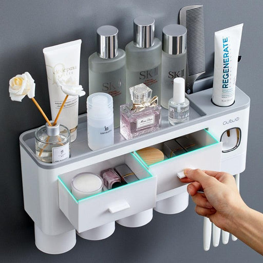 Wall-Mounted Toothbrush Holder with Toothpaste Squeezer and Storage Rack - Très Elite