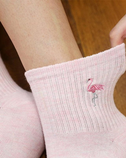 Kawaii Flamingo Delight: Adorable Japanese Embroidered Cotton Socks for Women