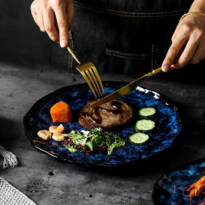 Blue Ceramic Dinnerware Set with Unique Irregular Design - Rice Bowls, Salad Plates, and Fish Plates