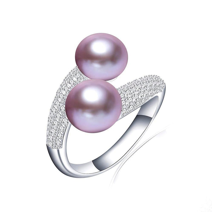 Elegant Double Pearl and Zircon Sterling Silver Ring - Sophisticated Beauty