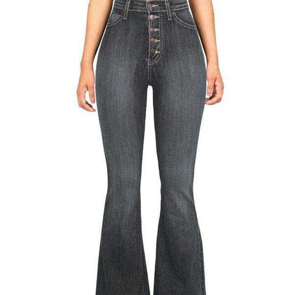 High-Waisted Denim Flare Trousers with Decorative Buttons