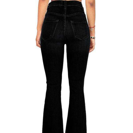 High-Waisted Denim Flare Trousers with Decorative Buttons - Très Elite