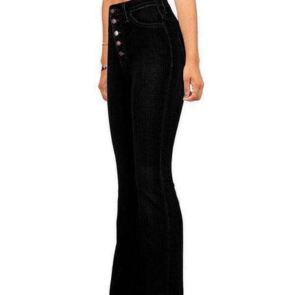 High-Waisted Denim Flare Trousers with Decorative Buttons - Très Elite