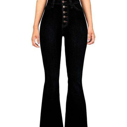 High-Waisted Denim Flare Trousers with Decorative Buttons