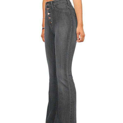 High-Waisted Denim Flare Trousers with Decorative Buttons - Très Elite