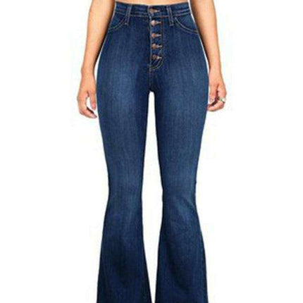 High-Waisted Denim Flare Trousers with Decorative Buttons