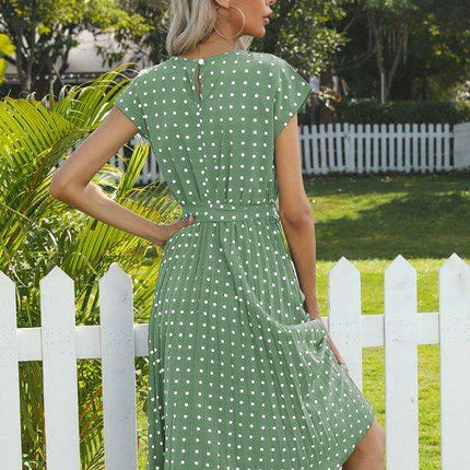 Jakoto Women's Chic Polka Dot High-Waisted Midi Dress with Short Sleeves - Très Elite