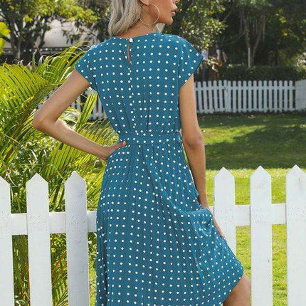 Jakoto Women's Chic Polka Dot High-Waisted Midi Dress with Short Sleeves - Très Elite