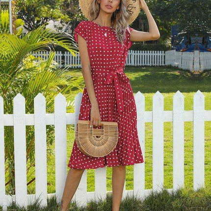 Jakoto Women's Chic Polka Dot High-Waisted Midi Dress with Short Sleeves - Très Elite