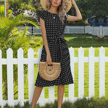 Jakoto Women's Chic Polka Dot High-Waisted Midi Dress with Short Sleeves - Très Elite