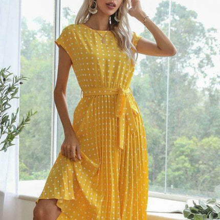 Jakoto Women's Chic Polka Dot High-Waisted Midi Dress with Short Sleeves - Très Elite