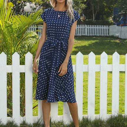 Jakoto Women's Chic Polka Dot High-Waisted Midi Dress with Short Sleeves - Très Elite