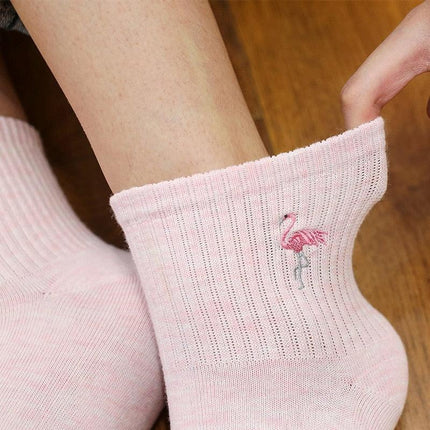 Kawaii Flamingo Delight: Adorable Japanese Embroidered Cotton Socks for Women