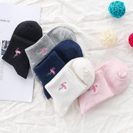 Kawaii Flamingo Delight: Adorable Japanese Embroidered Cotton Socks for Women