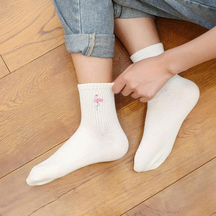 Kawaii Flamingo Delight: Adorable Japanese Embroidered Cotton Socks for Women