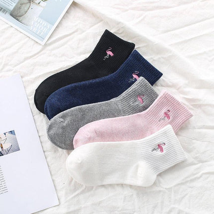 Kawaii Flamingo Delight: Adorable Japanese Embroidered Cotton Socks for Women