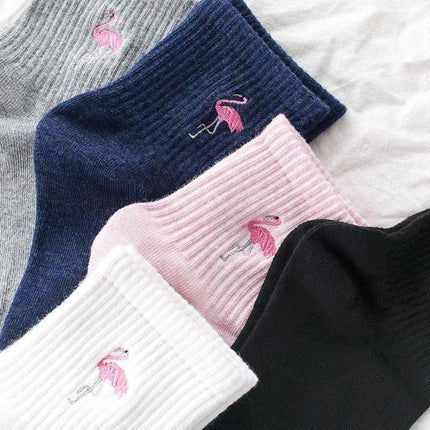Kawaii Flamingo Delight: Adorable Japanese Embroidered Cotton Socks for Women