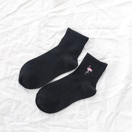 Kawaii Flamingo Delight: Adorable Japanese Embroidered Cotton Socks for Women