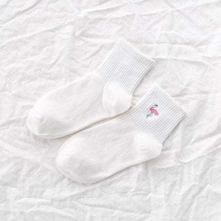Kawaii Flamingo Delight: Adorable Japanese Embroidered Cotton Socks for Women