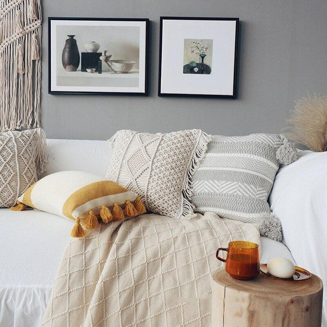 Knitted Yellow and Grey Tassel Cushion Cover with Elegant Embroidery - Premium Cotton Jacquard Pillowcase