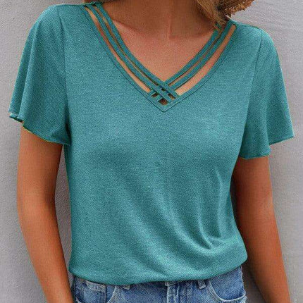 Chic V-Neck Tee with Cross Straps - Effortless Everyday Elegance