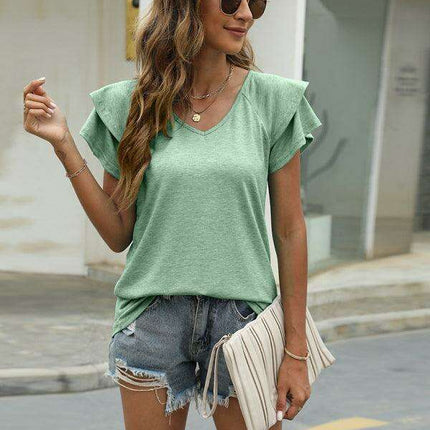 Lotus Blossom Elegant Ruffle Sleeve V-Neck Top by JakotoSummer