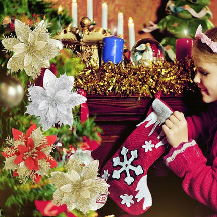 Luxe Golden Red Sparkling Flower Ornaments for a Glamorous Christmas Tree Decor - Très Elite