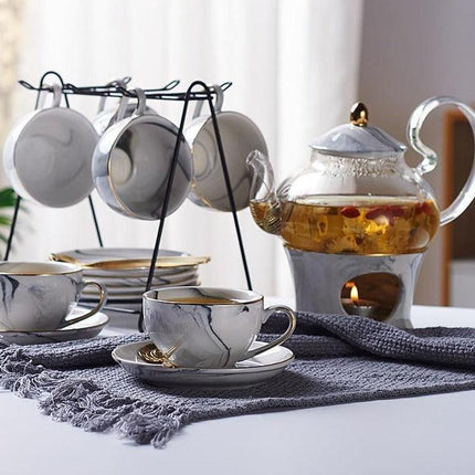 Luxury Gold-Trimmed Marble Tea Set for Exquisite Gatherings - Très Elite