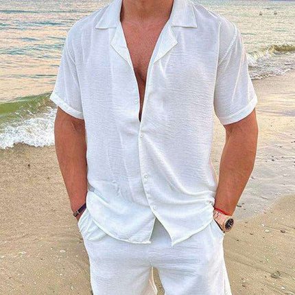 Men's Casual Summer Cotton Linen Suit Set with Lapel | Stylish Short Sleeve Shorts Outfit for Warm Weather Comfort - Très Elite