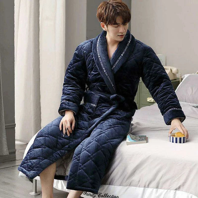Men's Elegant Blue Quilted Flannel Robe - Luxurious Winter Loungewear
