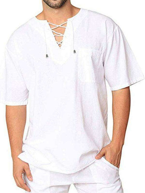 Men's Stylish Tie Collar Drop Shoulder Cotton-Linen T-Shirt
