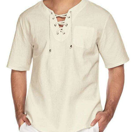 Men's Stylish Tie Collar Drop Shoulder Cotton-Linen T-Shirt