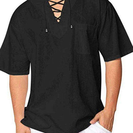 Men's Stylish Tie Collar Drop Shoulder Cotton-Linen T-Shirt