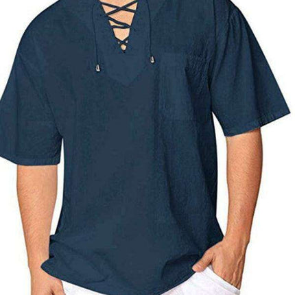 Men's Stylish Tie Collar Drop Shoulder Cotton-Linen T-Shirt