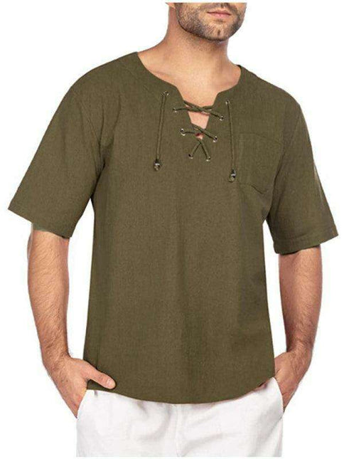 Men's Stylish Tie Collar Drop Shoulder Cotton-Linen T-Shirt