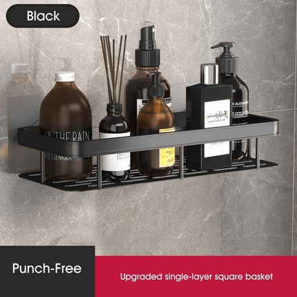 Modern Black Stainless Steel Bathroom Storage Caddy with Towel Holder and Superior Drainage System - Très Elite