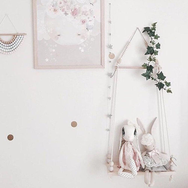 Nordic-Inspired Wooden Bead Swing Shelf Organizer for Children's Rooms