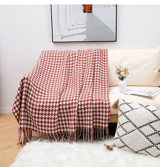 Classic Houndstooth Plaid Cotton Knitted Throw Blanket - Soft and Cozy for Bed or Sofa Decor-Home Textiles›Bedding & Linen›Blankets, Quilts & Throws-Très Elite-Red-127x172cm-China-Très Elite