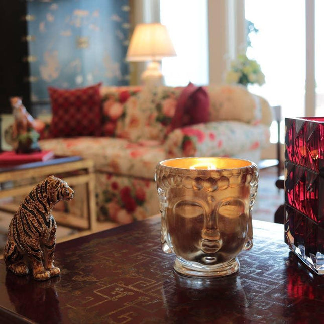 Opulent 24K Gold Buddha Head Candle with Enchanting Ambrette and Sandalwood Essence