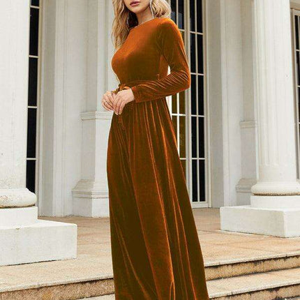 Opulent Golden Velvet Dress with Stylish Round Neckline and Sophisticated Belt - Women's Fashion Essential