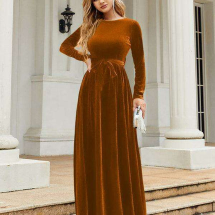 Opulent Golden Velvet Dress with Stylish Round Neckline and Sophisticated Belt - Women's Fashion Essential