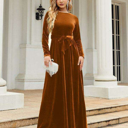 Opulent Golden Velvet Dress with Stylish Round Neckline and Sophisticated Belt - Women's Fashion Essential
