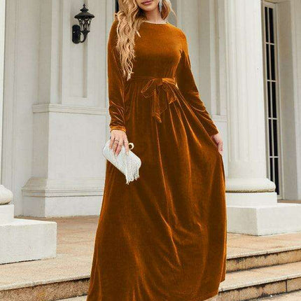 Opulent Golden Velvet Dress with Stylish Round Neckline and Sophisticated Belt - Women's Fashion Essential