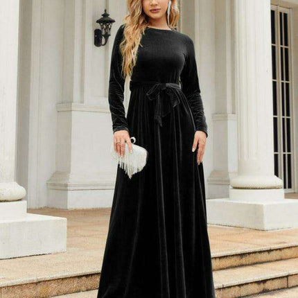 Opulent Golden Velvet Dress with Stylish Round Neckline and Sophisticated Belt - Women's Fashion Essential