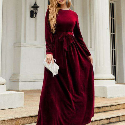 Opulent Golden Velvet Dress with Stylish Round Neckline and Sophisticated Belt - Women's Fashion Essential