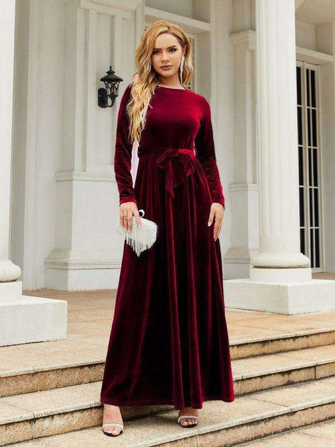 Opulent Golden Velvet Dress with Stylish Round Neckline and Sophisticated Belt - Women's Fashion Essential