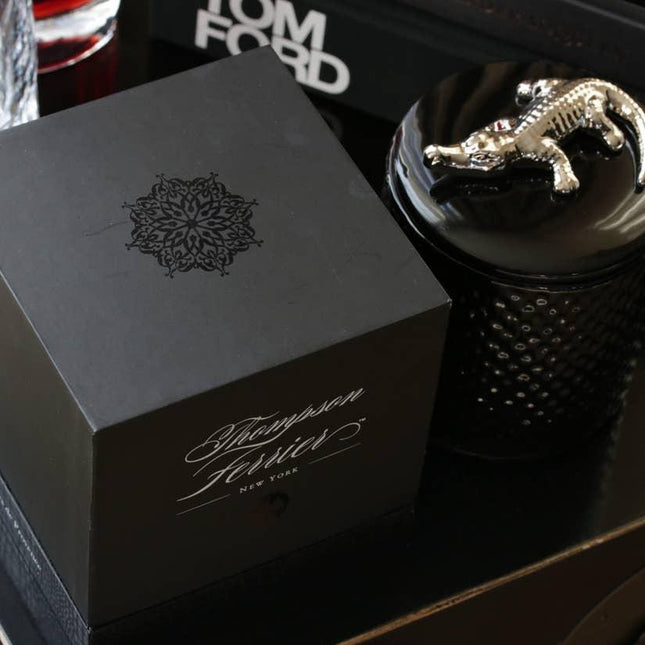 Opulent Silver Crocodile Wood Charnel Candle - Elegant Aroma with Gold Crocodile Detail by Thompson Ferrier